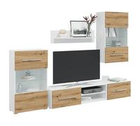 Ensemble Mural TV 5 Pièces en Boiserie, avec Éclairage LED, Rangement Polyvalent, Meuble d'Appoint, Armoire de Rangement, adapté au Salon et à l’Entrée, Couleur Chêne Artisanal, Set Complet