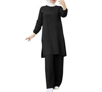 Ensemble musulman 2 pièces pour femme - Robe islamique élégante - Robe de prière islamique - Robe longue à manches longues - Chemise boutonnée - Pantalon Abaya - Robe décontractée, Noir , XL