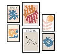 Ensemble Nacnique de 6 affiches orange et bleue. Collection de plaques avec collage esthétique pour la décoration d'intérieur. Tailles A3 et A4. Avec cadre noir.