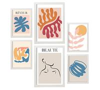 Ensemble Nacnique de 6 affiches orange et bleue. Collection de plaques avec collage esthétique pour la décoration d'intérieur. Tailles A3 et A4. Avec cadre blanche.