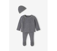 Ensemble naissance 3 pièces en tricot gilet + pantalon + bonnet gris chiné 3M(60CM)