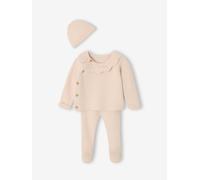 Ensemble naissance 3 pièces en tricot gilet + pantalon + bonnet rose 3M(60CM)