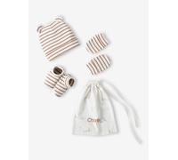 Ensemble naissance bonnet + moufles + chaussons + pochon personnalisable cappuccino 12/18M(74/81)