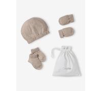 Ensemble naissance bonnet, moufles et chaussons et son pochon personnalisable beige chiné 0/1M(50/54)
