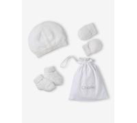 Ensemble naissance bonnet, moufles et chaussons et son pochon personnalisable blanc 12/18M(74/81)
