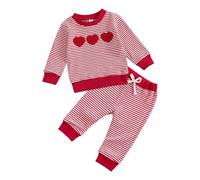 Ensemble Naissance Fille Ensemble Fille Saint-Valentin Deux Pièces Décontracté Haut Manches Longues Rayé Cœurs Pantalon Confortable Bébé (Red, 4Y)