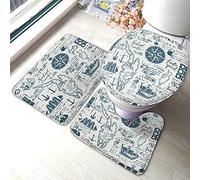Ensemble Nautique Manuscrit Vintage avec Carte du Monde Bateaux caravelles Ancres de Rose des Vents salle3 pièces siège de Toilette Housse de Couvercle Tapis