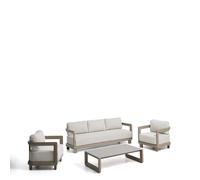 Ensemble Nerano comprenant un canapé 3 places, 2 fauteuils et une table basse en verre trempé et aluminium taupe