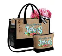 Ensemble noir et kaki, imprimé avec le texte "All My Hope Is In Jesus", motifs de fleurs fraîches et de lettres, grand sac fourre-tout et trousse de toilette zippée, sac de plage multifonction d'été, 