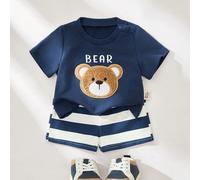 Ensemble nouveau-né bébé garçon/fille 2 pièces : Top à col ras du cou à manches courtes avec motif ours tricoté doux et short à taille élastique 6-9M,0-1M,1-3M,3-6MAnimal,Cartoon,Géométrique,LettresÉt