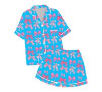 Ensemble Nuit Décontracté Fille Noeud Imprimé Pyjama Maison Confortable Vêtements Enfant 2-13Y Deux Pièces Haut Pantalon(Sky Blue, 12-13 Years)