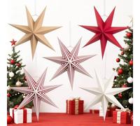 Ensemble Ornements Étoiles Papier Noël - 5 Pièces Étoiles Pliées 3D Suspendues en Rouge, Blanc, Marron et Motif Rayé pour Sapin Noël, Fête Festive, Décoration Salon