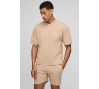 Ensemble oversize en tissu gaufré à broderie avec t-shirt et short homme - beige - S, beige