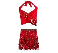 Ensemble Paillette Femme Costume se Danse du Ventre pour Femmes Haut +Jupe Paillettes Enveloppées de Franges Jupes de Franges Rave du Ventre Ethnique Indienne Tenue de Dance pour Femmes et Filles