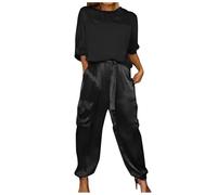 Ensemble pantalon en satin, haut à manches mi-longues et pantalon de jogging en satin lisse pour femme, deux pièces, Noir , M