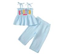 Ensemble Pantalon et Haut Bébé et Fille Ensembles 2 Pièces Lapin de Pâques pour Filles, Haut sans Manches Serviette et Pantalons de Détente Doux pour Le Printemps et l'Été (Blue, 2-3 Years)