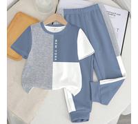 Ensemble pantalon et Top pour bébé garçon, style décontracté minimaliste. Col rond, manches courtes. Imprimé patchwork blocs de couleurs classique, texte imprimé "New York" ville classique 6-9M,9-12M,
