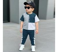 Ensemble pantalon et Top pour bébé garçon, style décontracté minimaliste. Col rond, manches courtes. Imprimé blocs de couleurs patchwork classique cool, avec texte imprimé "New York" classique 6-9M,9-