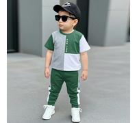 Ensemble pantalon et Top pour bébé garçon, style décontracté minimaliste. Col rond, manches courtes. Imprimé blocs de couleurs patchwork classique cool, avec texte imprimé "New York" iconique. 6-9M,9-