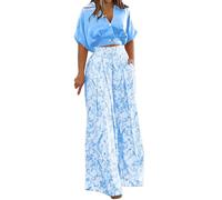 Ensemble Pantalon Femme Chic Et Elegant Ete Survêtement Ample Costume 2 Pièces Tailleur Décontracté D'été Imprimé T-Shirt + Pantalon Large Tenue de Plage Casual Affaires Outfits Suit Pas Cher