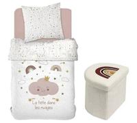 Ensemble parure de lit enfant + coffre de rangement pouf pliable - TODAY - ARC EN CIEL - 140 x 200 cm - Coton