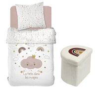 Ensemble parure de lit enfant + coffre de rangement pouf pliable - TODAY - ARC EN CIEL - 140 x 200 cm - Coton