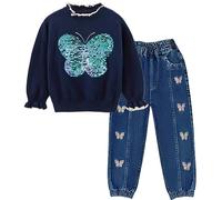 Ensemble Peacolate Vêtements Filles Fraternité Filles 2 Pièces Pull Papillon Sequins Manche Longue et Jean Botte Brodé 4-7Ans (Papillon Bleu, 3 ans)