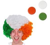 Ensemble perruque et maquillage visage des Six Nations pour adultes - Perruque afro drapeau de l'Irlande, vert, blanc et orange - Ensemble d'accessoires de déguisement pour homme et femme