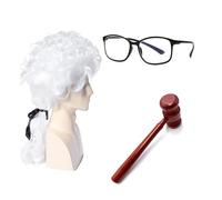 Ensemble perruque et marteau de juge - 2 pièces d'accessoires de costume de juge, perruque d'avocat blanc avec mini marteau en bois, ensemble de cosplay pour Halloween, jeu de rôle, fêtes à thème