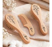 Ensemble Personnalisé De Brosses À Cheveux Pour Bébé, Nom Gravé Sur Mesure/fleur De Naissance, Brosse En Laine Et Peigne En Bois Pour Prévenir Les Croûtes De Lait, Cadeaux De Baptême/anniversaire