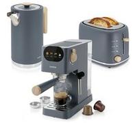 Nordic Set Machine à Café 20 Bars, Grille-Pain 2 Tranches, Bouilloire Électrique Briebe SKT1209GRY 1350W Gris