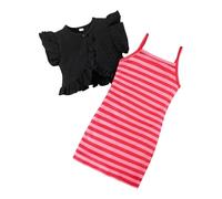 Ensemble Petite Fille Été Cardigan Jacquard Tricot Et Robe Longue Bretelles Rayures Deux Pièces Vêtement Enfant Élégant(Black, 7-8 Years)