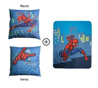 Ensemble plaid et coussin, spiderman hero bleu 110X140