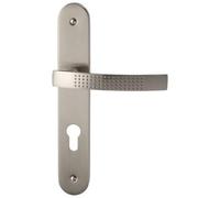 ENSEMBLE POIGNEE DE PORTE MODERNE POUR VERROU CYLINDRE POUR SALLE DE BAIN OU TOILETTES EN ACIER ET ALUMINIUM BROSSE EFFET NICKEL 240 x 40 x 9 mm