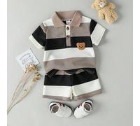 Ensemble polo à manches courtes rayé asymétrique avec badge ours brodé mignon et short pour bébé garçon, adapté pour l'été 6-9M,9-12M,12-18M,18-24M,2-3Y,3-6MBlocs de couleurPolyester