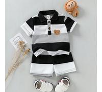 Ensemble polo à manches courtes rayé avec badge d'ours brodé adorable et short pour bébé garçon, confortable pour l'été 6-9M,9-12M,12-18M,18-24M,2-3Y,3-6MAnimal,Cartoon,Géométrique,RayéPolyester