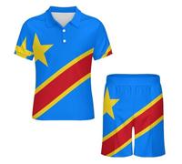 Ensemble Polo Et Short pour Homme Tenue De Sport Décontractée À Manches Courtes Idéale pour Les Vacances Les Sorties Entre Amis Imprimé Drapeau De La République Démocratique du Congo