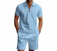 Ensemble Polo Waffle Short Cordon Manches Courtes Resistant Facile Assortir adapte Toutes morphologies Rencontre ami Loisir Light Blue TTG (XX_l)