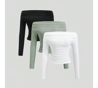 Ensemble polyvalent assorti de 3 pièces : Top à épaules dénudées à manches longues, top court près du corps, confortable et agréable à la peau, avec une silhouette flatteuse L,M,S,XLUnicoloreTissu tri