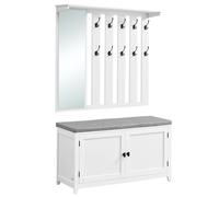 Ensemble Porte-Manteau Avec Banc À Chaussures, Avec Miroir, 10 Crochets Doubles, Banc Avec Étagère Réglable, Largeur De 102 Cm, Blanc Nuage Blanc