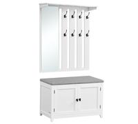 Ensemble Porte-Manteau avec banc à chaussures, avec miroir, 8 Crochets Doubles, Banc avec Étagère Réglable, Largeur de 82 cm, Blanc Nuage