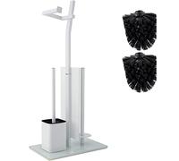 Ensemble Porte-Papier De Toilette pour Salle De Bain - Blanc - Porte-Papier De Toilette en Acier Inoxydable Chromé - Base en Verre - Dimensions : 32X20X70Cm - Montage Facile - 1+2 Brosses De Toilette