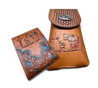 Ensemble portefeuille et étui en cuir Western Cowboy Praying at Cross - Marron et bleu sarcelle - Coffret cadeau chrétien pour homme