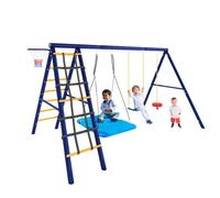 Ensemble Portique pour Enfants 5en1, Balançoire 3 agrès,Portique d'escalade Forme A,Panier de basket, Aire de Jeux Jardin