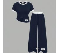 Ensemble pour adolescentes printemps/été, t-shirt basique ajusté en maille côtelée noir et blanc contrasté, pantalon long ample avec poches et ceinture contrastée, patch tissé, style décontracté sport