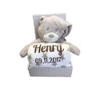 Ensemble pour bébé avec nom et date de naissance brodé (sur la couverture) avecAnimal en peluche - cadeau baptême naissance.