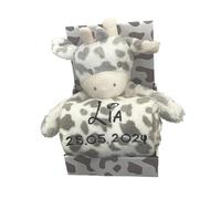 Ensemble pour bébé avec nom et date de naissance brodé (sur la couverture) avecAnimal en peluche - cadeau baptême naissance.