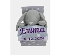 Ensemble pour bébé avec nom et date de naissance brodé (sur la couverture) avecAnimal en peluche - cadeau baptême naissance.