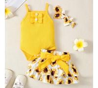 Ensemble pour bébé fille de 4 pièces avec serre-tête, ceinture, grenouillère côtelée et jupe imprimée de tournesols 6-9M,9-12M,12-18M,18-24M,3-6MAnimal,Floral,PlantesÉtoffe,Tissu tricoté