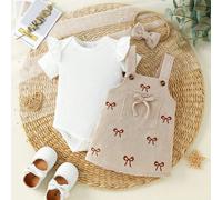 Ensemble pour bébé fille incluant : barboteuse à manches courtes avec fleurs brodées et décorations nœuds, robe pinafore et serre-tête 6-9M,9-12M,12-18M,1-3M,3-6MAnimal,Cartoon,PlantesPolyester,Tissu 